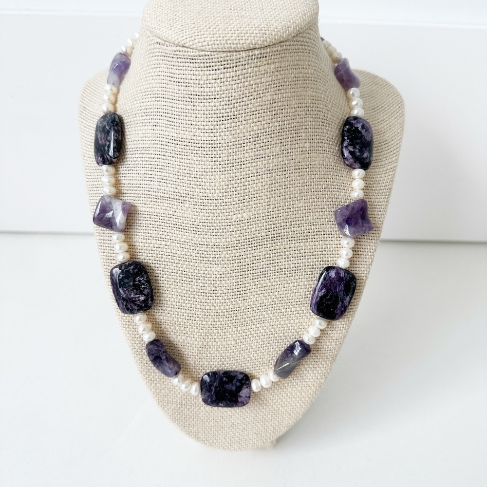 NWT Genuine Purple Jade, Amethyst & Pearls Necklace White Beaded
